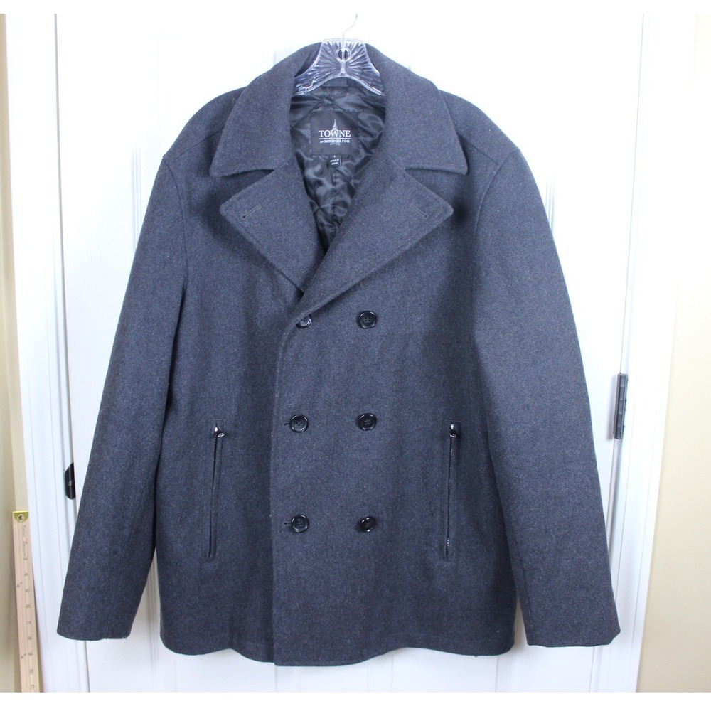 Towne by London Fog Mens Charcoal‎ Grey Wool Blend Quilted Pea Coat Large